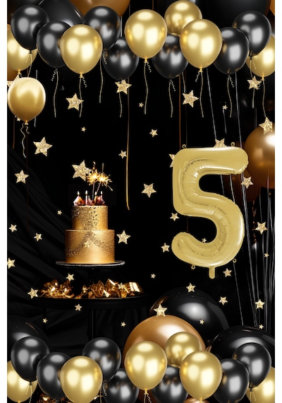 5 Yaş Gold Siyah Balon Seti Gold Rakamlı Doğum Günü Balonu Şık Parti Süsleme Çok Renkli