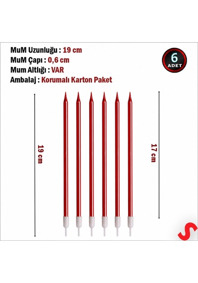 Metalik Kırmızı İnce Uzun Pasta Mumu 19 Cm - 6 Adet