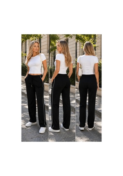 Meridefashion Kadın Siyah Düz Paça Eşofman Altı Yan Şeritli Rahat Pantolon S