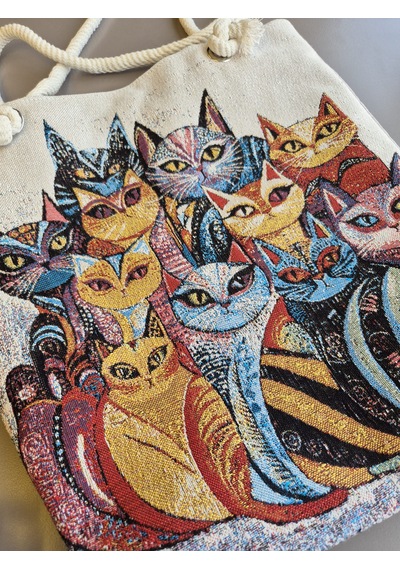 Genel Markalar Goblen Kadın Omuz Çantası+ Kedi Desen2 Krem.karışık Renkli Desenli