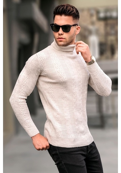 Madmext Taş Rengi Desenli Balıkçı Yaka Triko Kazak 5769 Taş Rengi