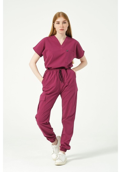 Vişne Likralı Scrubs Kargo Cep Jogger Paça Doktor Hemşire Forması Yarasa Kol Takım Unisex