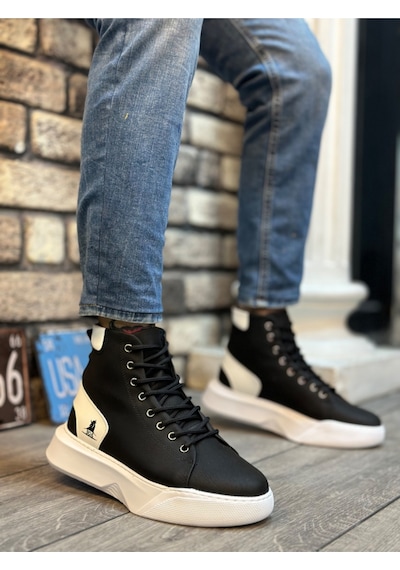 DMR Elegance Ba0155 Bağcıklı Erkek Yüksek Taban Siyah Beyaz Siyah Taban Spor Bot Rekli