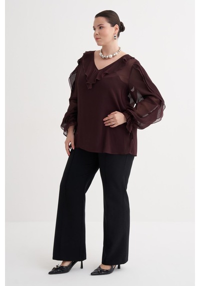 Myline Fırfır Detaylı Şifon Bluz-6219 Bordo