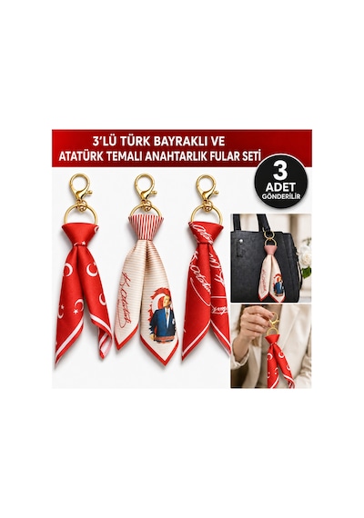 Tarzınıseç 3 Lü Türk Bayraklı Atatürk Temalı Fular Gold Anahtarlık Seti Çanta Aksesuarı