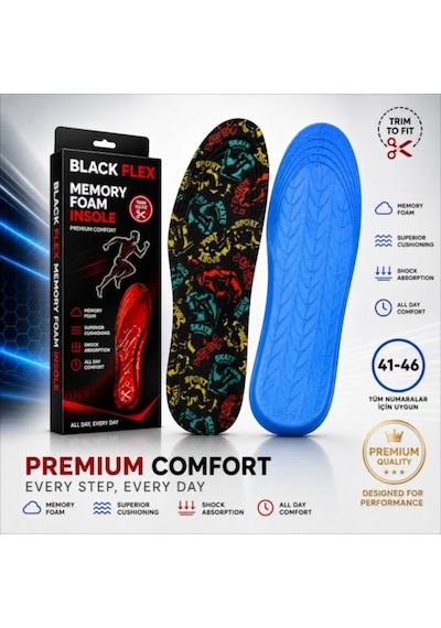Perfect Fit Ark Destekli Renkli Erkek Memory Foam Darbe Emici Hafızalı İç Tabanlık 41-46 Numaraya Göre Kolay Kesilebilir