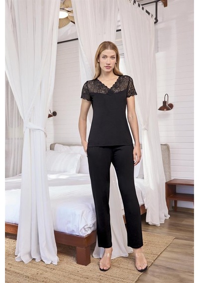 Aria's Closet Aesco Kısa Kollu Ve Dantelli V Yaka Pijama Takımı Siyah