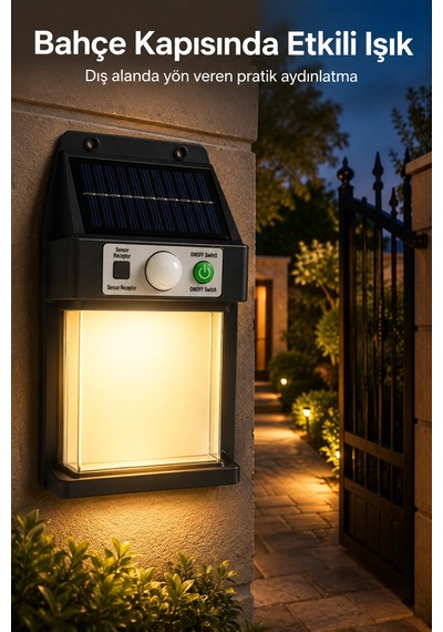 Güneş Enerjili Sensörlü Solar Aplik Dış Mekan Kapı Bahçe Teras Duvar Aydınlatma Sarı