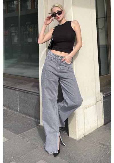 Gri Yüksek Bel Paçası Yırtmaçlı Kadın Jean Mg1384