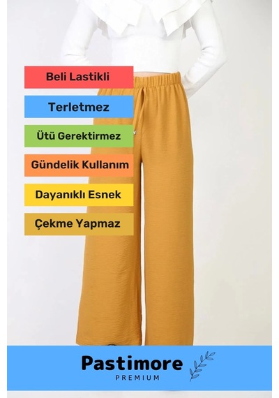Yeni Sezon Terletmez Rahat Kalıp Beli Lastikli Bol Paça Salaş Yazlık Kadın Hardal Aerobin Pantolon Hardal