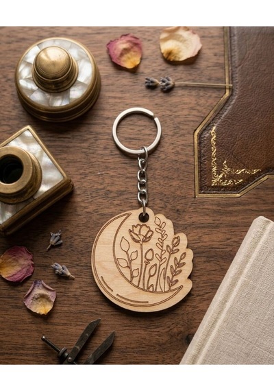 Çiçek Desenli Mdf Tek Renk Anahtarlık Çeşitleri Bej