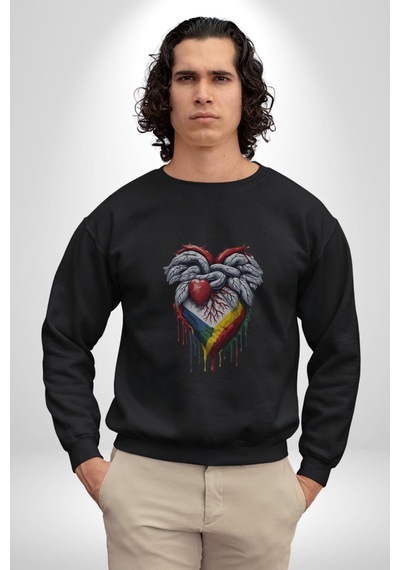 Kalp Damar Renkli Boyalı Unisex Siyah Baskılı Sweatshirt Siyah