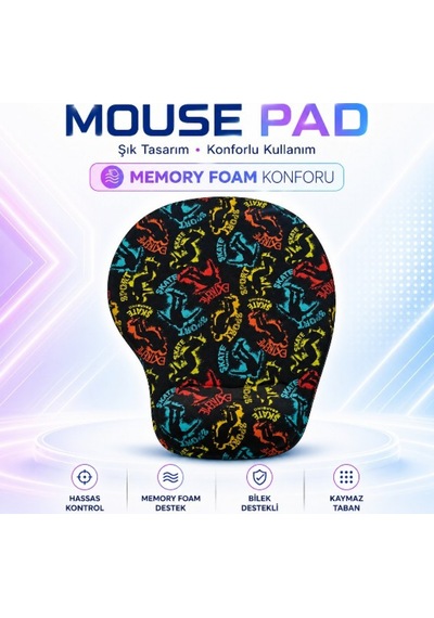 Black Flex Dijital Baskılı Memory Foam Ergonomik Bilek Destekli Renkli Skate Mause Pad