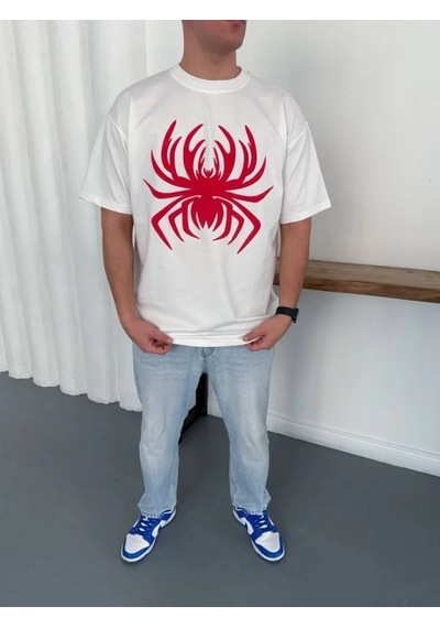 Defymoda Erkek Örümcek Baskılı Tişört Kısa Kollu Bisiklet Yaka T-shirt - Beyaz