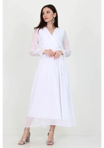 Dip Moda Kadın Kuşaklı Astarlı Uzun Şifon Elbise Dpnb003 BEYAZ Dip Moda Kadın Kuşaklı Astarlı Uzun Şifon Elbise Dpnb003 BEYAZ
