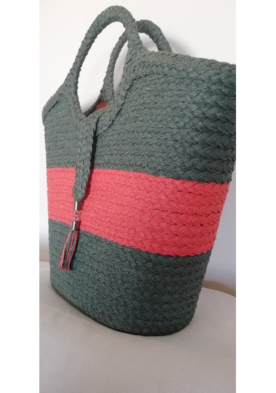 Durush Collection El İşçiliği Tek Üretim Plaj Çantası Haki Yeşil-turuncu