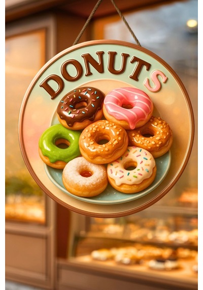 Donut Temalı İpli Ahşap Kapı Duvar Süsü, Pastane, Tatlı Dükkanı, Cafe Tablo Dekoru