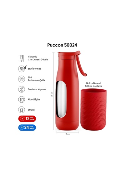 Kırmızı 500 Ml Çelik Okul Matarası - Silikon Gövdeli Nokta Çelik Termos - 50024 Diğer