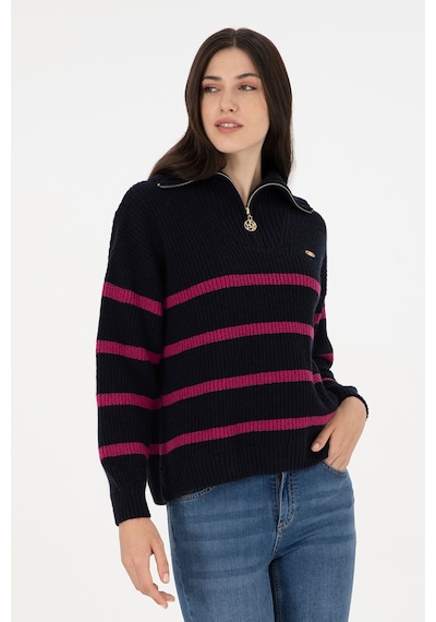 U.S. Polo Assn. Kadın Lacivert V Yaka Fermuarlı Kazak 50297407-VR033
