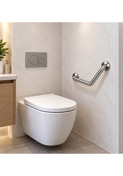 Yaşlı Ve Bedensel Engelli Açılı Tutunma Barı Paslanmaz Çelik 32 Mm Çap Gümüş