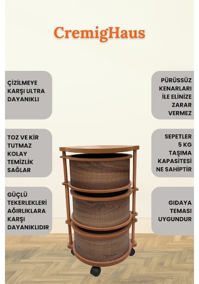 Ahşap Sebzelik Geleneksel Tasarım Yuvarlak Kemençe Desenli 3 X 5 Kg Kapasiteli Hazır Gönderim Diğer