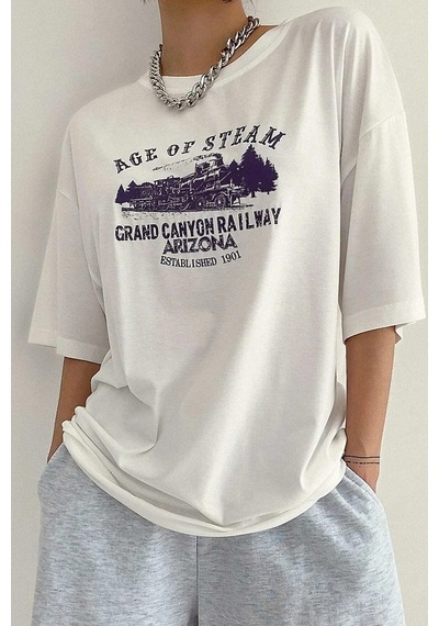 Unisex Age Of Steam Baskılı Tasarım Tshirt Beyaz