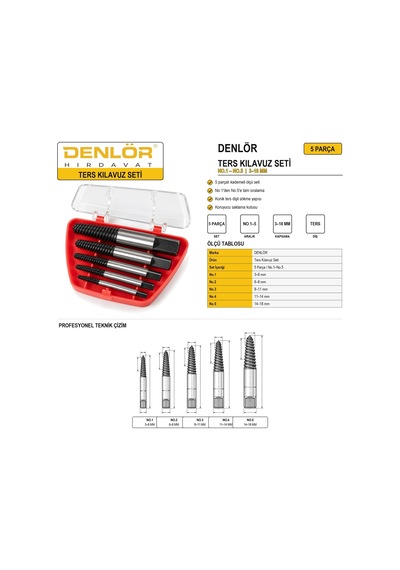 Denlör Ters Kılavuz Seti No.1 No.5 3 18 Mm 5 Parça