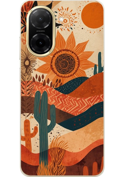 Redmi A5 Uyumlu Etnik Güneş Ve Mandala Figürlü Toprak Tonları Baskılı Silikon Kılıf Renkli