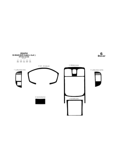 Isuzu D Max Çift Kabin 4x4 Konsol-torpido Kaplama 2005-2006 6 Parça-piano Black Piano Black