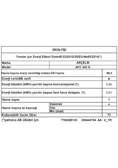 Arçelik AFC 342 G A Fry 72 L Ankastre Fırın