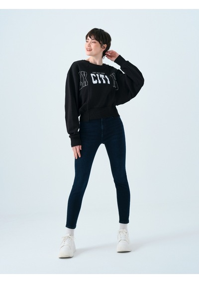 Regular Long Crop Kadın Sweatshirt Siyah