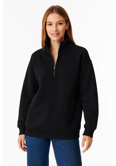 Suma Üç İplik Dık Yaka Yarım Fermuarlı Sweatshirt - Siyah Sıyah