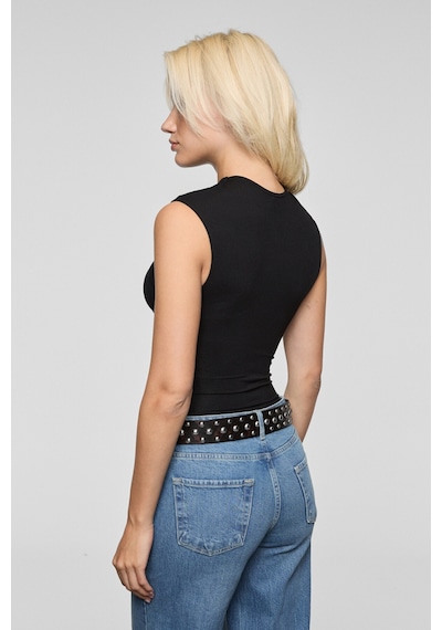 Grımelange Orılenna Kadın Önü Düğüm Detaylı Vücudu Saran Sıfır Kollu Slim Fit Siyah Bluz Siyah