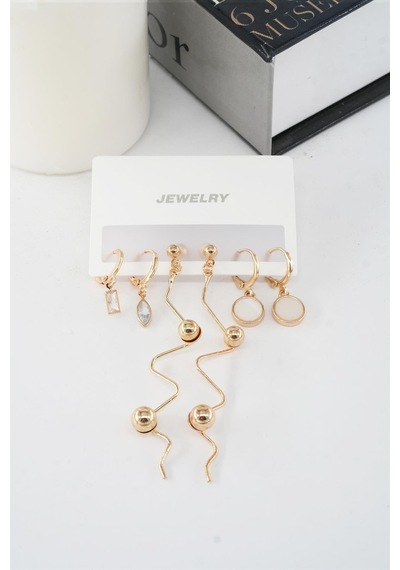 Kadın 6.5 Cm Zigzag Sallantılı Ve Oval Sedefli 6'lı Küpe Seti - Altın