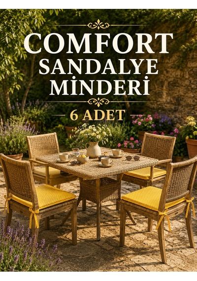 Comfort 6 Adet Sandalye Minderi Bağcıklı Özel Dikişli Süngerli Pamuklu Kumaş Sandalye Minderi Puanlı Sarı