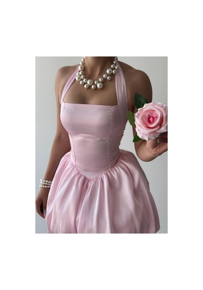 Mayrem Kadın Saten Halter Yaka Balon Mini Elbise Pembe