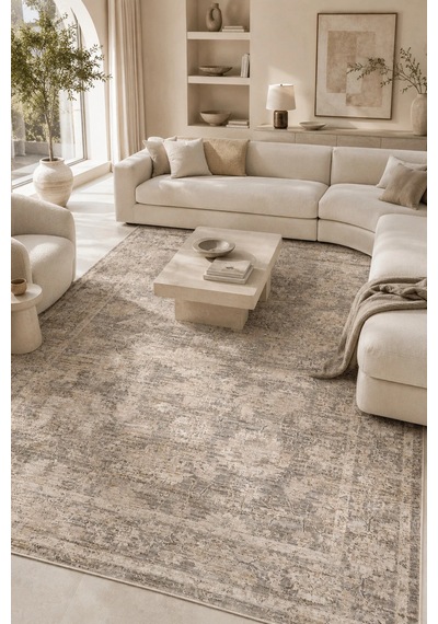 Sahra Collection Modern Vintage Desenli Eskitme Dokuma Yumuşak Salon Halısı Gri - Bej