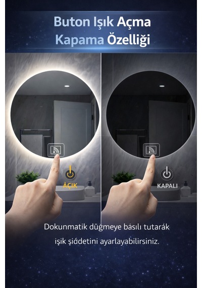 Digital Hayat Buğu Çözücü Dokunmatik Dimlenebilir Yuvarlak Ayna Mavi Işıklı Led Dekoratif Banyo Makyaj Aynası Mavi