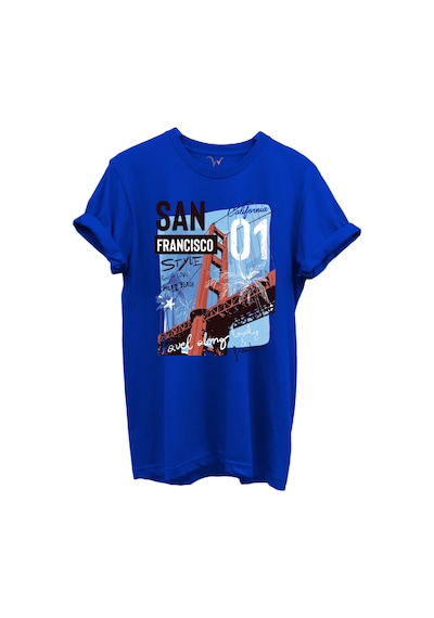 San Francisco California Yazılı Golden Gate Köprüsü Baskılı %100 Pamuk Regular Fit Unisex T-shirt Mavi