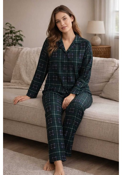 Tenra Kadın Pijama Takımı Boydan Düğmeli Haki