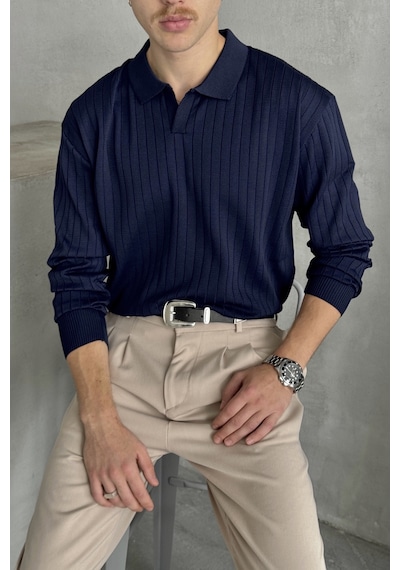 Erkek Polo Yaka Fitilli Oversize Triko Kazak Lacivert