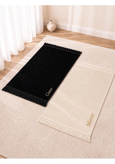 Kişiye Özel İsim Nakışlı Kadife Çift Seccadesi Ve İsimli Tesbih  Seti Siyah Beyaz