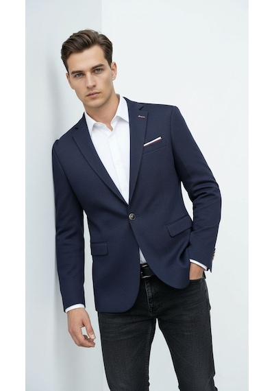 Plus Scorpion Lacivert Erkek Slim Fit Tek Düğmeli Blazer Ceket Şık Dokulu Kumaş, Astarli, Günlük Ve Ofis Kombinlerine Uygu Lacivert