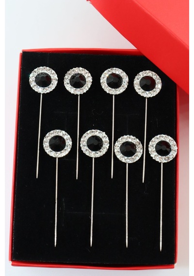 Numetal 8 Li Oval Siyah Taşlı Eşarp İğnesi. Şal İğnesi. Türban İğnesi. Başörtü İğnesi. Eşarp Ve Şal İğnesi. Gümüş