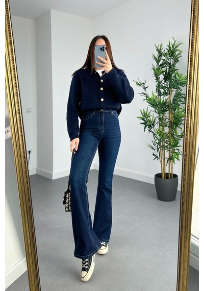 Woddi Ispanyol Lacivert Yüksek Bel Likralı Esnek Jeans Pantolon Kot New Laci Vert