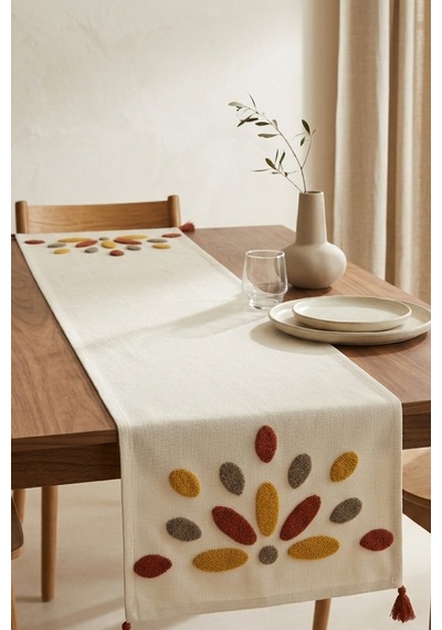 Güneş Damlası Renkli Punch Nakışlı Püsküllü Pamuk Runner Masa Örtüsü 40x130 Cm Kiremit
