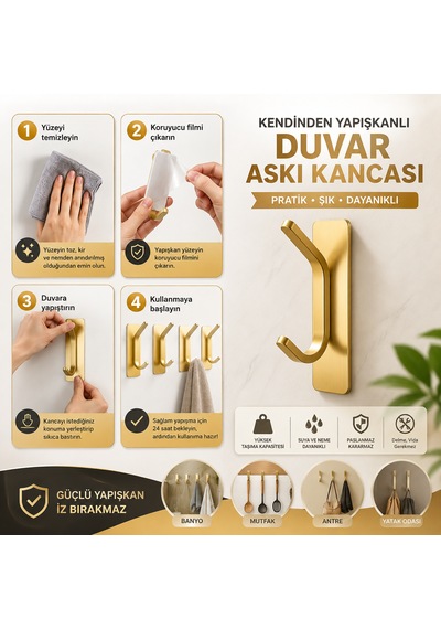Microcase Yapışkanlı Metal Banyo Mutfak Eşya Havlu Vb Ürün Askılığı Gold 2 Adet Al002 Altın