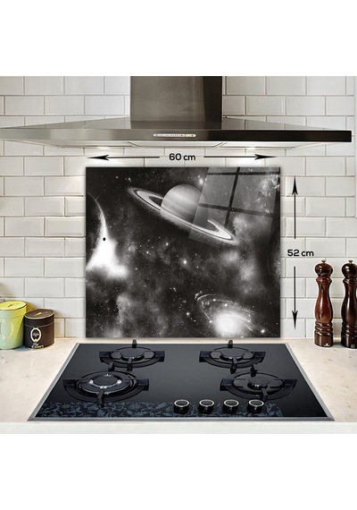 Decorita Cam Ocak Arkası Koruyucu Galaksi Desen Siyah Beyaz Fon 49.5 x 76 CM