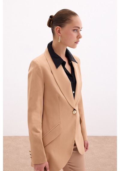 Sateen Düğme Detaylı Uzun Ceket - Camel-131431 CAMEL