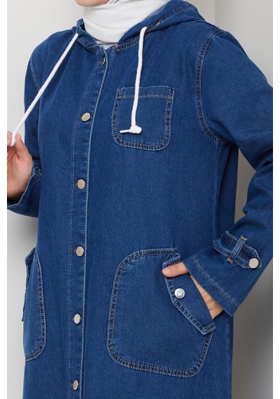 Hb Harma Time Butik Kadın Cepli Düğmeli Kapüşonlu Denim Koyu Mavi Trençkot
